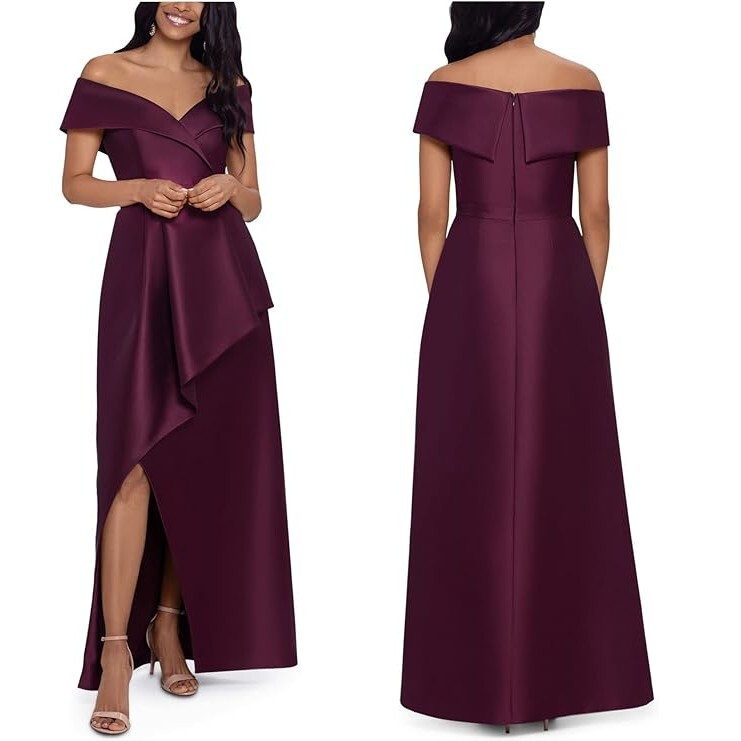 NWT XSCAPE Acadia Off-The-Shoulder Gown Dress Burgundy Asymmetric Size 16