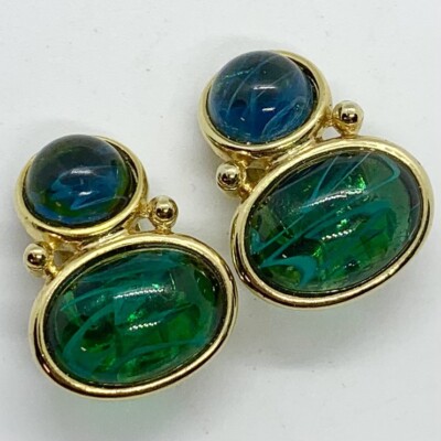 VTG EARRINGS BLUE GREEN GLASS CABOCHONS SIGNED CRAFT CLIP GOLD TONE MINTY