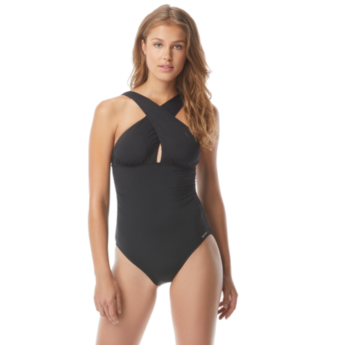 MICHAEL MICHAEL KORS HIGH NECK SHIRRED CROSS FRONT ONE PIECE SWIMSUIT, 14 304374