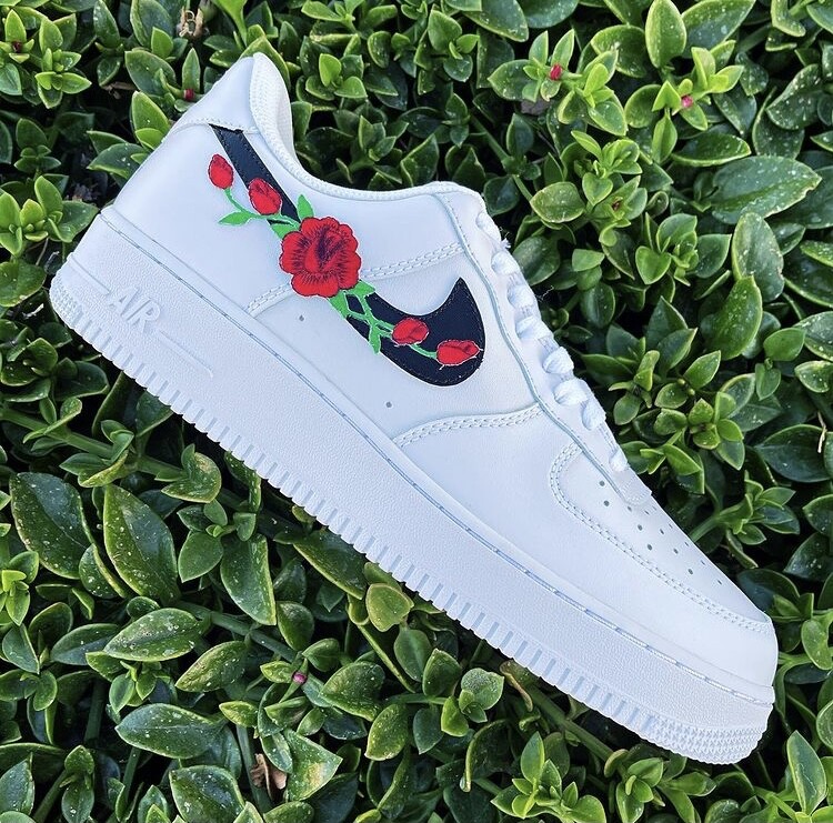 Pre-owned Nike Air Force 1 Red Rose Custom Low Floral White Black Shoes Mens Womens Kids