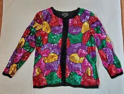 Vintage Jean For Joseph Le Bon Colorful Sequin & Bead Dress Jacket M Silk Lined