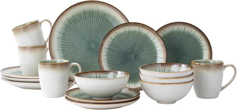 Dinnerware Set Green Stoneware 16 Pieces Service for 4, Stoneware Plates and Bowls Set Highly Chip and Crack Resistant Stoneware Set, Dishwasher Microwave Safe Dishes Set