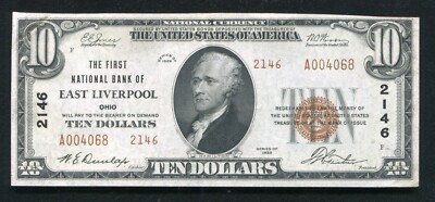 1929 $10 TYII FIRST NB OF EAST LIVERPOOL, OH NATIONAL CURRENCY CH. #2146 AU (C)