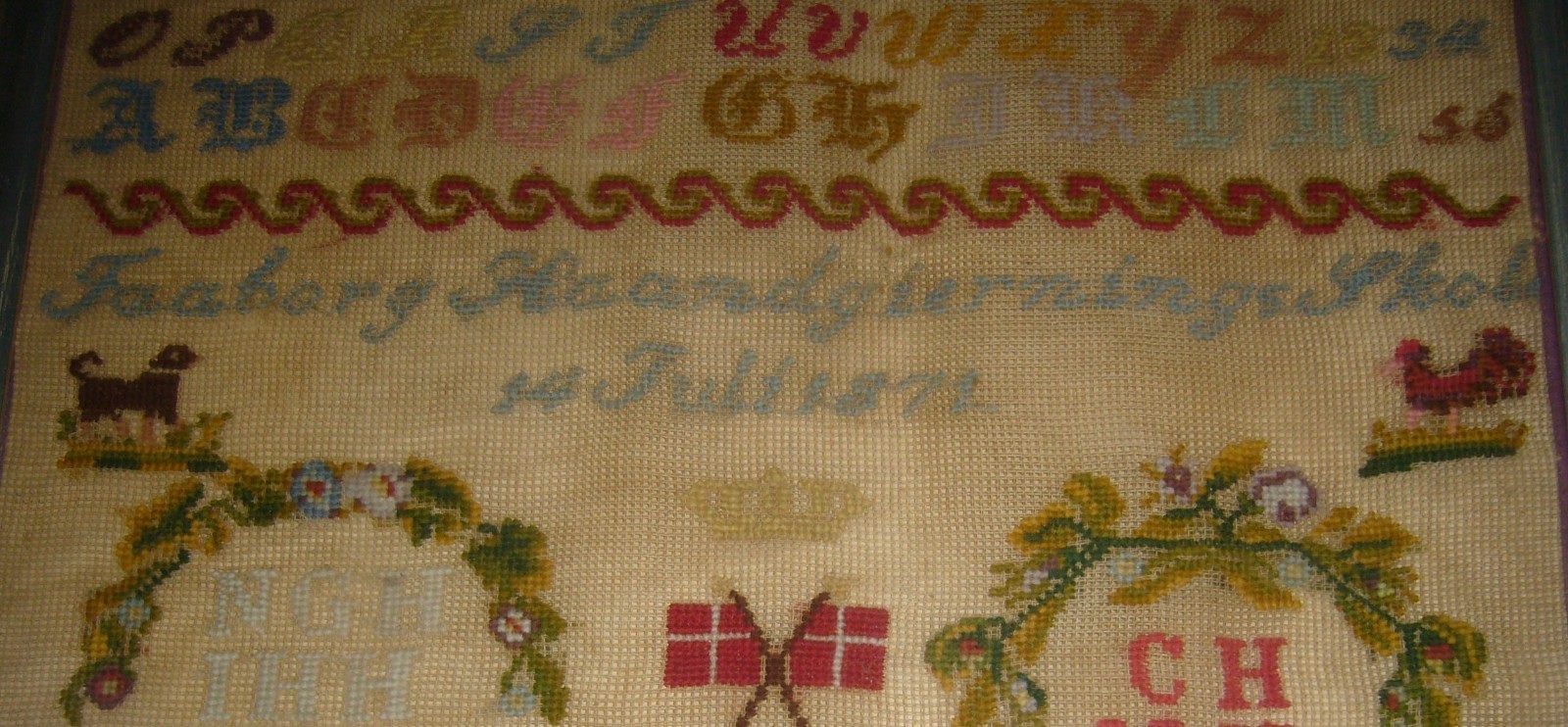 ANTIQUE1872 DANISH HAND STITCHED EMBROIDERED ALPHABET & DENMARK FLAG SAMPLER