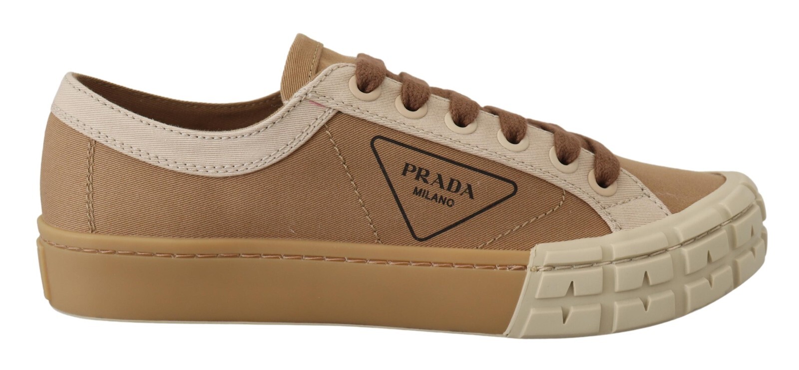 

PRADA Мужская обувь Коричневые низкие кеды из габардина Bicol EU39/US6 Рекомендуемая розничная цена 750 долларов США, Коричневый