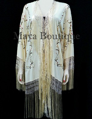 Pre-owned Maya Matazaro Silk Embroidered Fringe Kimono Flapper Jacket Vanilla  Usa Made In White
