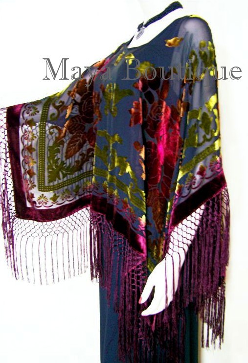 Pre-owned Maya Matazaro Tye Dye Poncho Shawl Top Silk Burnout Velvet Burgundy Multi  Usa In Red