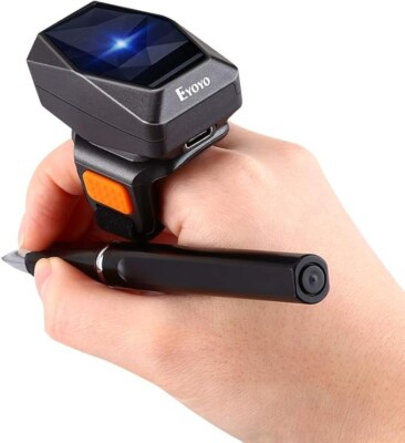 Eyoyo Escáner de código de barras de anillo de dedo 2D, mini portátil 3 en 1 USB