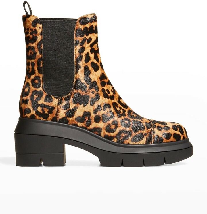 Pre-owned Stuart Weitzman Women's Norah Leopard-print Fur Chelsea Booties 6.5 C In Black