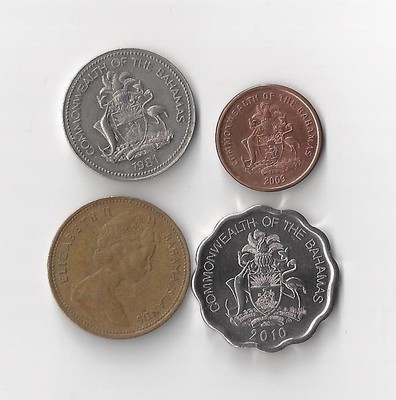 4 coins from The Bahamas,  1, 5, 10 cents, dated 1966- 2010, starfish, bonefish