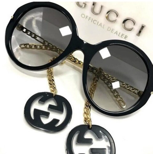 Pre-owned Gucci Gg0726s 726 001 Black Gold Grey Lens Round Women Sunglasses Gg Charm In Gray
