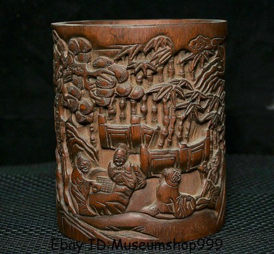 6.2'' China Bamboo Root Carved Dynasty Pine Old Man Kids Brush Pot Pencil Vase