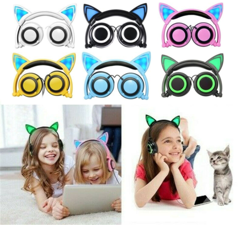 LED Lights Foldable Cat Ear Overhead Childrens Kids Headphones Earphones