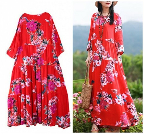 Damen Retro Baumwolle Leinen Kleid Shirtkleid Lose Gestreifte Schürze Koch Kleid
