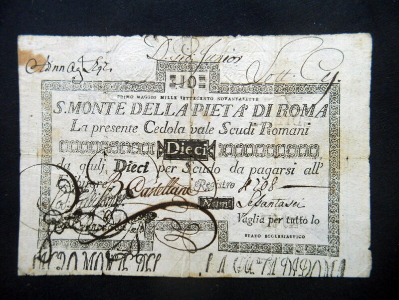 1797 VATICAN Italy RARE large Banknote Assignat 10 Scudi S. MONTE di PIETA