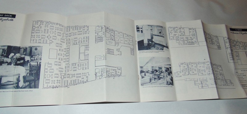 1950'S R.M.S. QUEEN ELIZABETH Tourist Class Accommodation CUNARD Fold Out Plan
