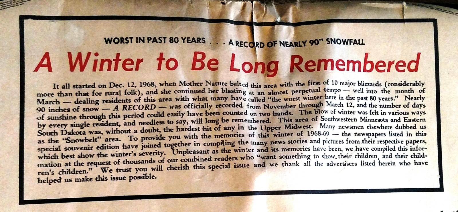 MILBANK SOUTH DAKOTA SPECIAL EDITION 1968-69 WINTER STORM NEWSPAPER FULL PAPER