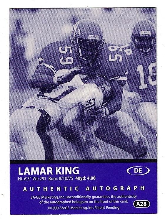 1999 SAGE LAMAR KING DE SEAHAWKS DRAFT SIGNED #266 OF 650 NFL FOOTBALL CARD