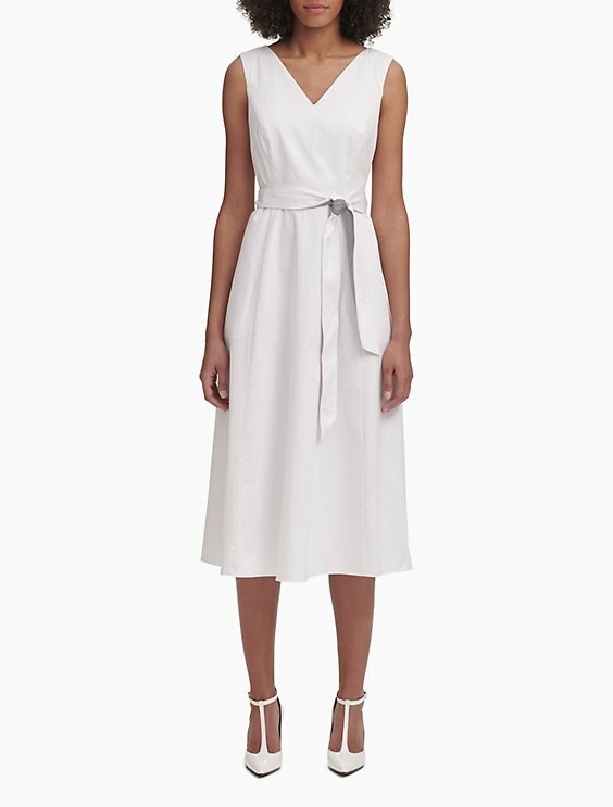 

Calvin Klein NWT Элегантное БЕЛОЕ хлопковое платье миди с V-образным вырезом и поясом, размер 4, Белый