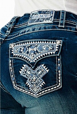 Grace in LA Women's Aztec Embroidered Faux Flap Pockets Bootcut Stretch Jeans