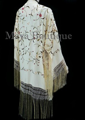 Pre-owned Maya Matazaro Silk Embroidered Fringe Kimono Flapper Jacket Vanilla  Usa Made In White
