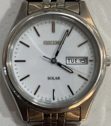 Seiko Solar Men's Watch White Dial Leather Band - Day Date