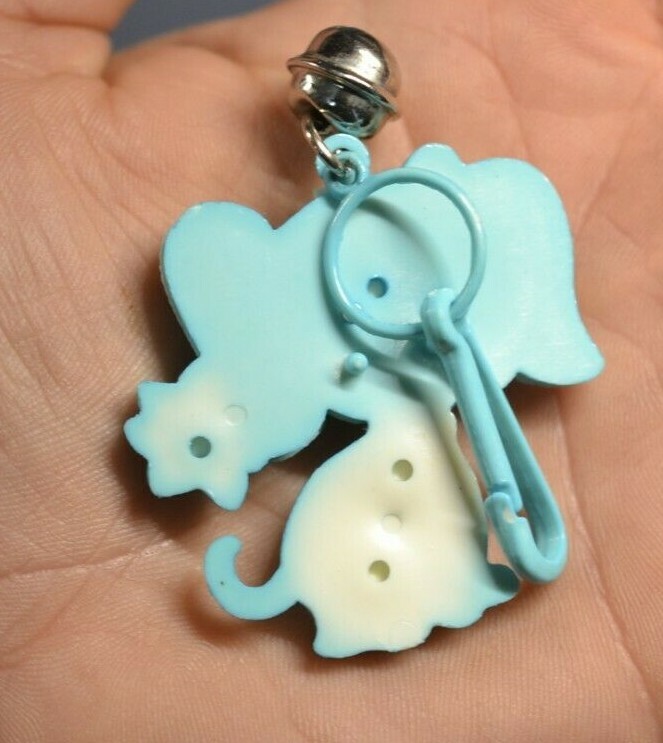 VTG  80s Blue White Google Eye Dog Clip Charm w Bell for Plastic Charms Necklace