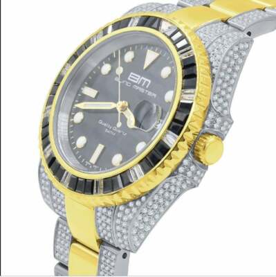 Pre-owned Bling Master Mens 18k 2 Tone Gold Finish Stainless Steel 40mm Simulated Diamond Watch W/date