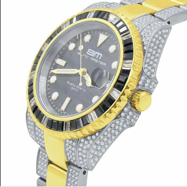 Pre-owned Bling Master Mens 18k 2 Tone Gold Solid Stainless Steel 40mm Simulated Diamond Watch W/date