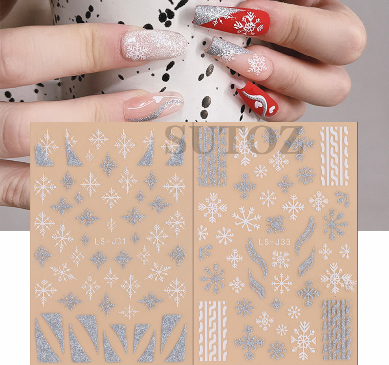 3D Christmas Gold Silver Glitter Snowflakes French Nail Art Stickers Decals NS44