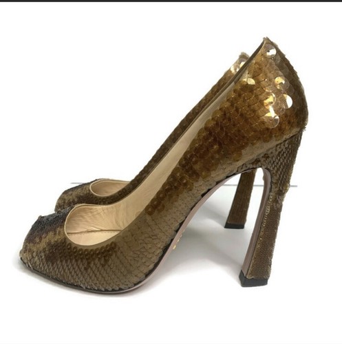 Prada Champagne Ombré Sequin Covered Peep Toe Heels Pumps