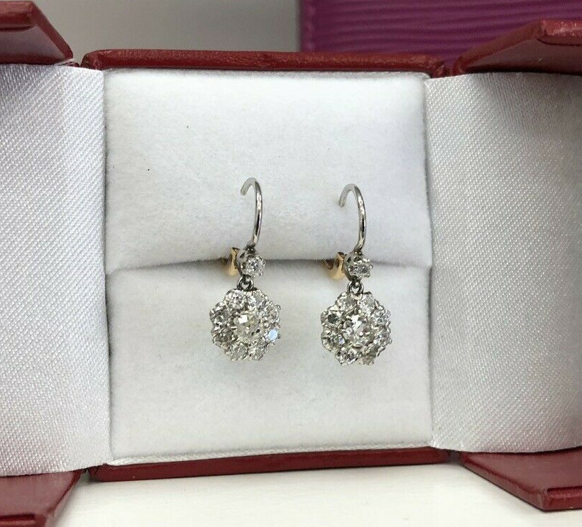 Rare PT Antique Art Deco Edwardian Diamond Cluster Drop Earrings TCW 1.90ct WOW