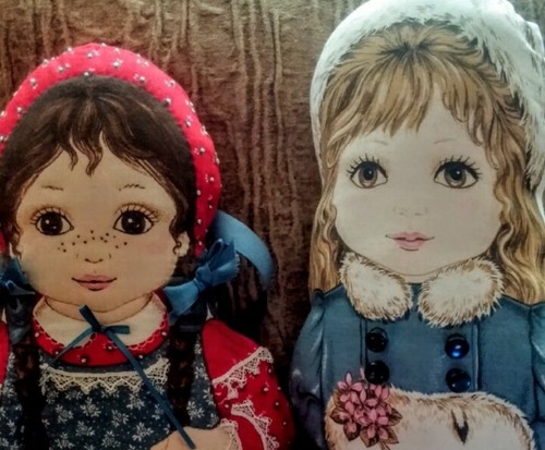 Girl Pillow Dolls, stuffed, sewn, embroidered, City Girl & Country Cousin w Dog