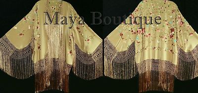 Pre-owned Maya Matazaro Embroidered Silk Fringe Jacket Kimono Coat Wheat Multi Short In Beige