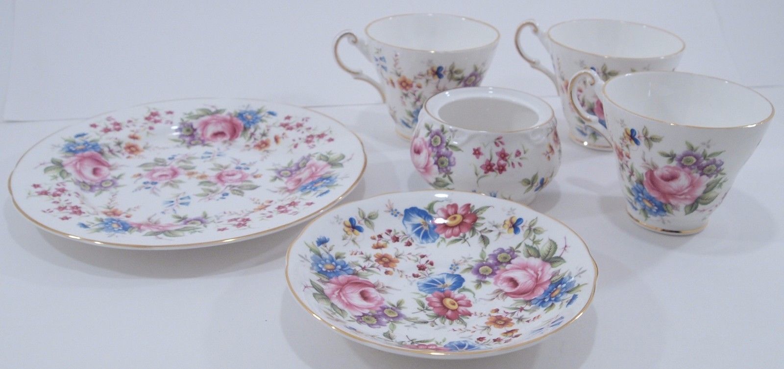 6 Piece Vintage Crown Victorian Staffordshire England Pink Rose Chintz Tea Set