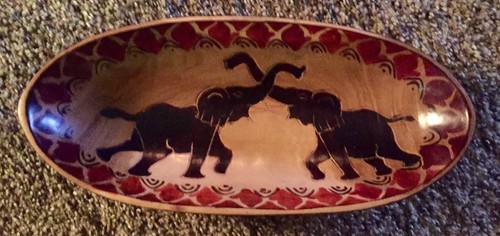 Primitive Vintage Hand Carved Painted Wood Bowl Kenya Africa Elephant