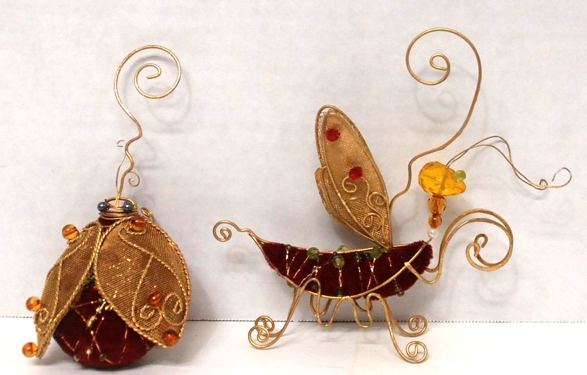 Beetle & Dragonfly Insect Soft Sculptures Red Velvet & gold trimmed insects