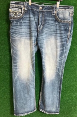 Men's ROCK REVIVAL ARTUR Taper Jeans Studs Embellished Dark Size 42 X 32