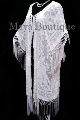 Pre-owned Maya Matazaro Ivory Silk Burnout Velvet Fringe Jacket Kimono Duster  Plus In White