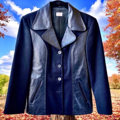 SISLEY Made in Italy Black Leather + Wool Jacket Womens 40 US 4 Small