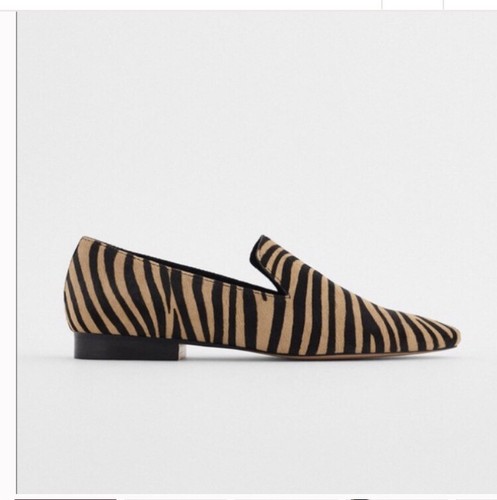 ララ ZARA Zebra Animal Print Sq Toe FLAT Slip On Leather Loafer