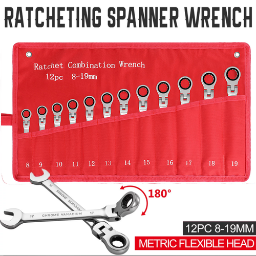 12Pc 8-19mm Metric Flexible Head Ratcheting Wrench Combination Spanner Tool Set