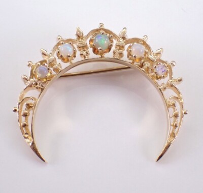 1.50Ct Round Cut Fire Opal Crescent Moon Charm Brooch Pin 14K Yellow Gold Plated