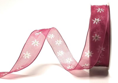 1m/0,20€) SCHLEIFENBAND 20m x 25mm ORGANZA pink mit BLUMEN BLÜTEN Dekoband 10539