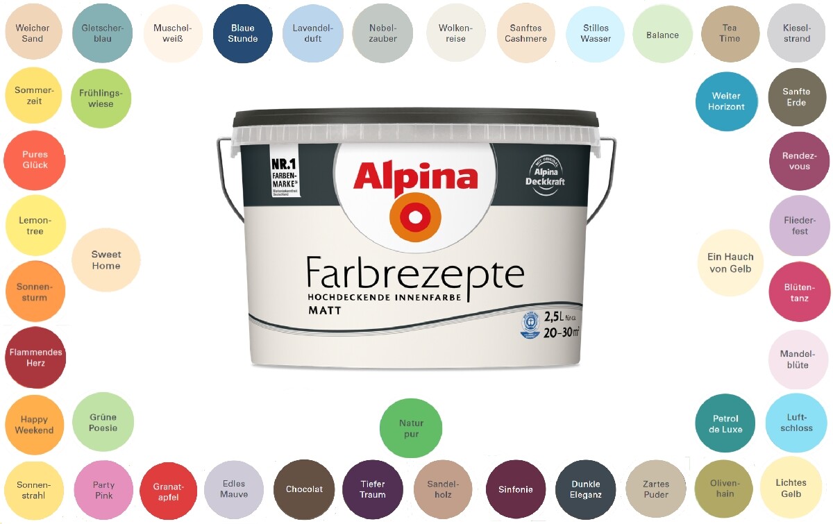 Alpina Farbrezepte bunte Wandfarbe 2,5 L hochdeckend atmungsaktiv, Farbwahl Matt