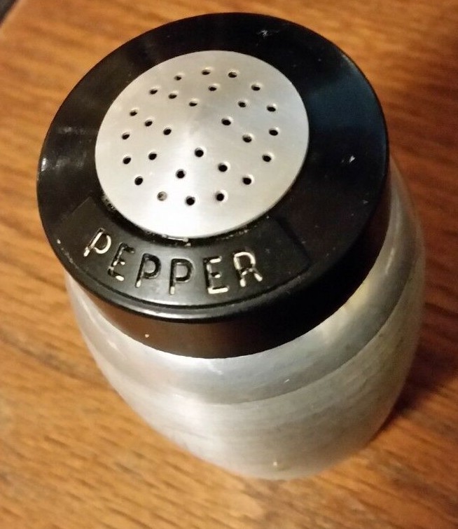 Vintage Kromex Spun Aluminum Pepper Shaker- Black Lid