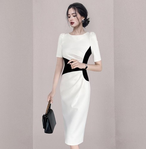 Women's Fashion Two Tone Short Sleeve Hip Package Knee
