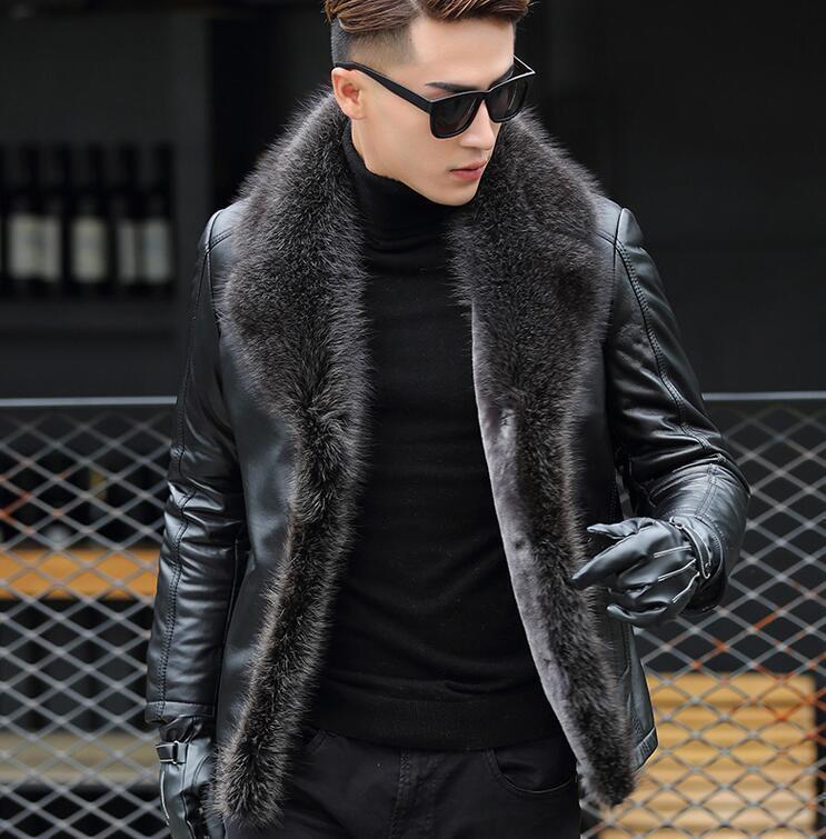 Men 100Real Fur Collar Lamb Fur Lined Leather Coat Overcoat Parka