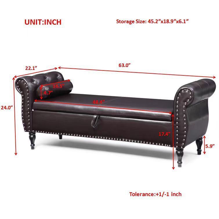 Modern Faux Leather Upholstered End of Bed Bench Storage Ottoman with Rolled Arm