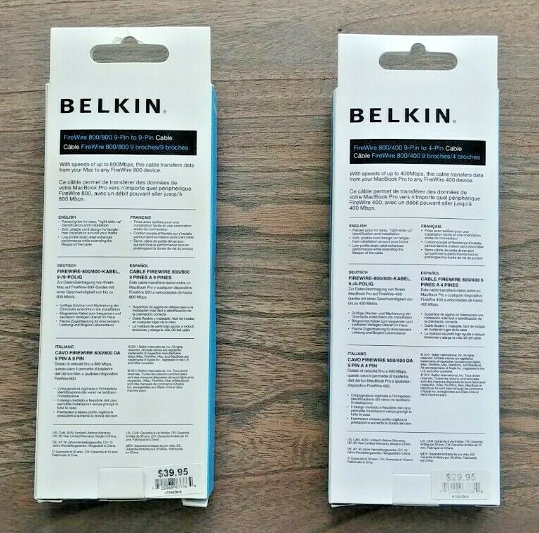 Belkin FireWire Cables - 800/800 9-Pin->9-Pin (x1) and 800/400 9-Pin->4-Pin (x1)